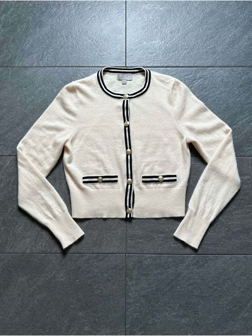 J. Crew 100% Cashmere Ivory Cardigan Black trim Gold Buttons Women’s M